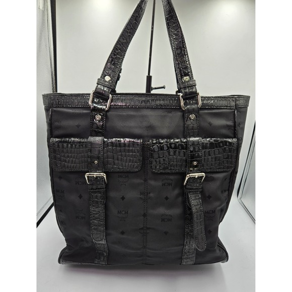 MCM Black Nylon Tote Bag Satchel Purse Handbag with Crocodile Trim‎ - Picture 2 of 11